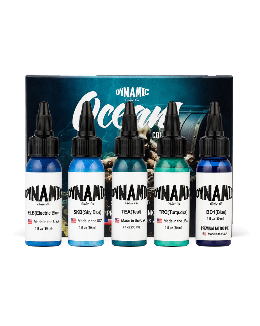 Dynamic Oceans Color Tattoo Ink Set 5 bottles 1oz 30ml each with bottles in front and box behind ocean inspired tattoo ink set for cool vibrant color work COZ Tattoo Supplies