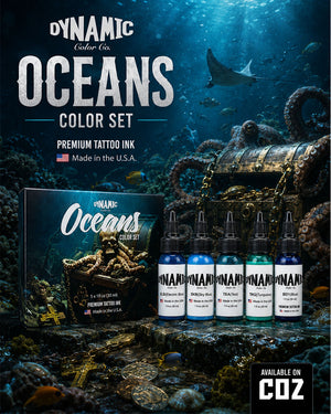 Dynamic Oceans Color Tattoo Ink Set 5 bottles 1oz 30ml each with bottles in front and box behind on underwater ocean themed background premium tattoo ink set COZ Tattoo Supplies