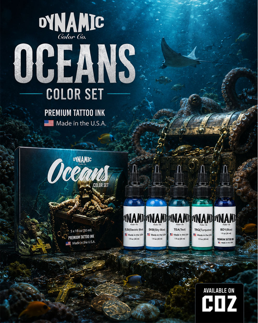 Dynamic Oceans Color Tattoo Ink Set 5 bottles 1oz 30ml each with bottles in front and box behind on underwater ocean themed background premium tattoo ink set COZ Tattoo Supplies