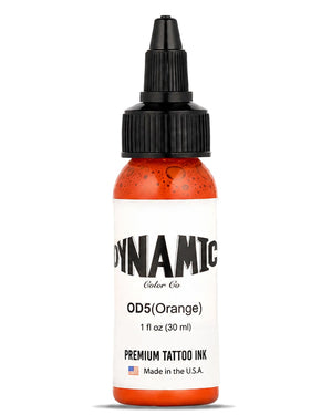 A bottle of Dynamic Color Co. Premium Tattoo Ink in shade OD5 Orange 1 fl oz(30 ml), featuring bright orange ink visible through the clear bottle, a white label, and a black dropper cap, set against a plain white background.