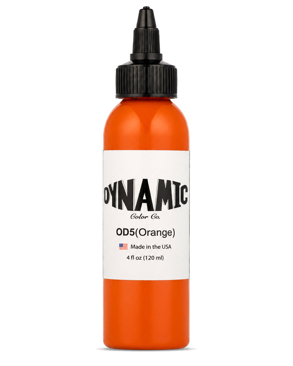 A bottle of Dynamic Color Co. Premium Tattoo Ink in shade OD5 Orange 4 fl oz(120ml), featuring bright orange ink visible through the clear bottle, a white label, and a black dropper cap, set against a plain white background.