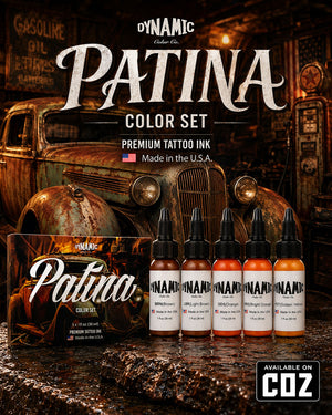 Dynamic Patina Color Tattoo Ink Set 5 bottles 1oz 30ml each with bottles in front and box behind on vintage rust themed background premium tattoo ink set COZ Tattoo Supplies