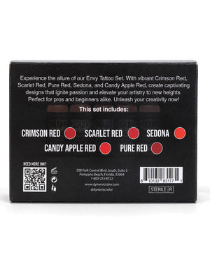 The back of a black box for the EnvyTattoo Set, showing product details, color options with crimson red, scarlet red, sedona orange, candy apple red, pure red colors, a QR code, and a barcode on a white background.