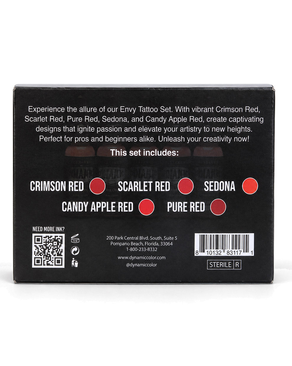 The back of a black box for the EnvyTattoo Set, showing product details, color options with crimson red, scarlet red, sedona orange, candy apple red, pure red colors, a QR code, and a barcode on a white background.