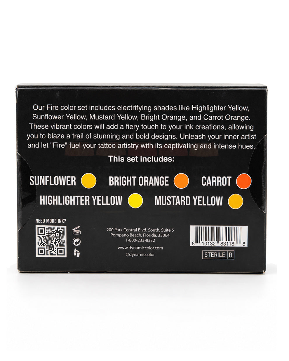 The back of a black product box for a sterile fire ink set, showing descriptive text, a QR code, and color circles labeled Sunflower, Bright Orange, Carrot, and Highlighter Yellow colors.