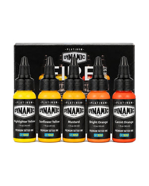 Five bottles of Dynamic Platinum Fire Premium Tattoo Ink in a set of 5: Highlighter Yellow, Sunflower Yellow, Mustard, Bright Orange, and Carrot Orange, displayed in front of their black packaging box. Each bottle is  1 floz (30 ml)