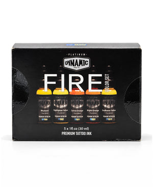A 5-pack of Dynamic Platinum Fire Color Set premium tattoo ink in a black box with illustrations of the five ink bottles 30 ml each colors on the front.