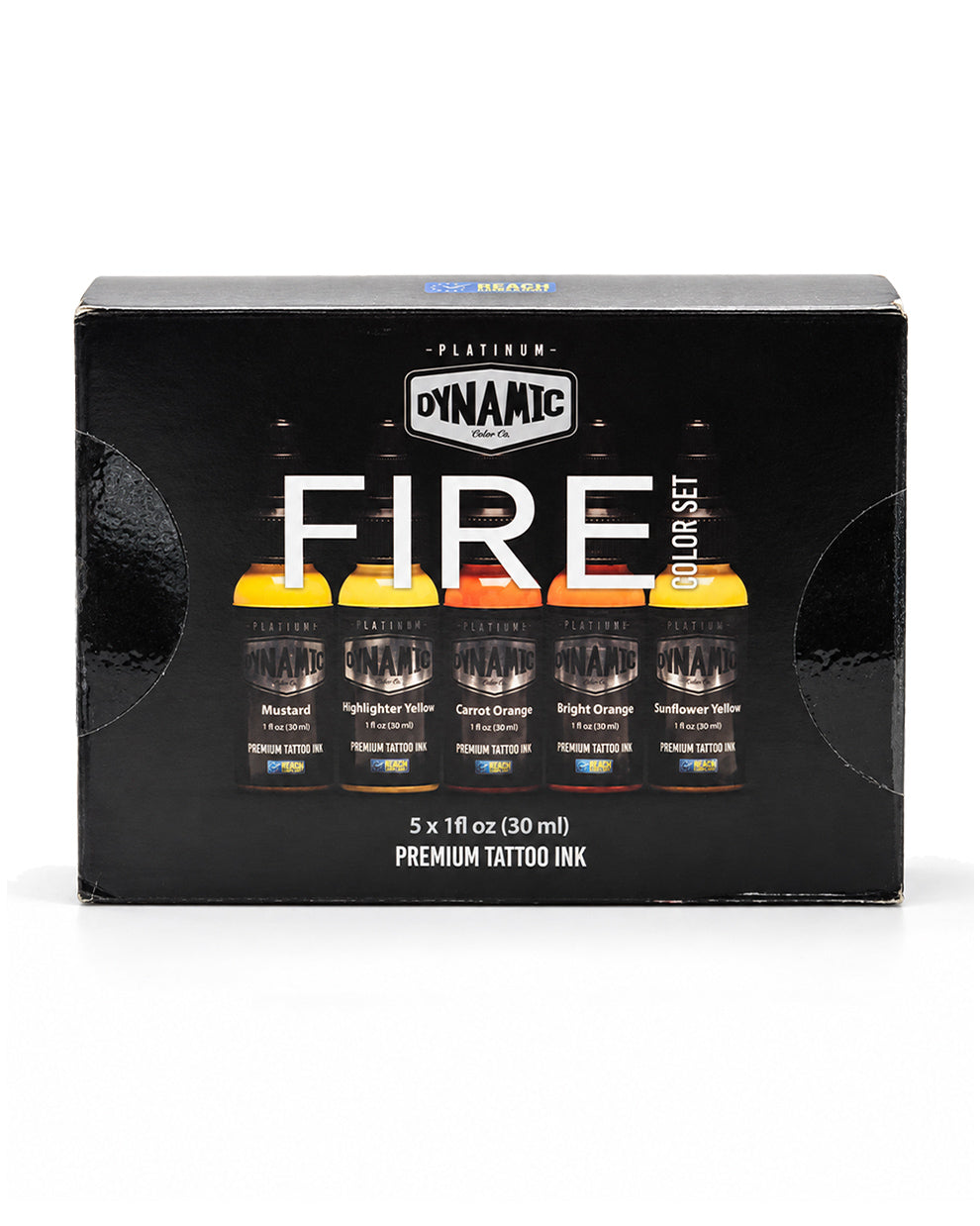 A 5-pack of Dynamic Platinum Fire Color Set premium tattoo ink in a black box with illustrations of the five ink bottles 30 ml each colors on the front.