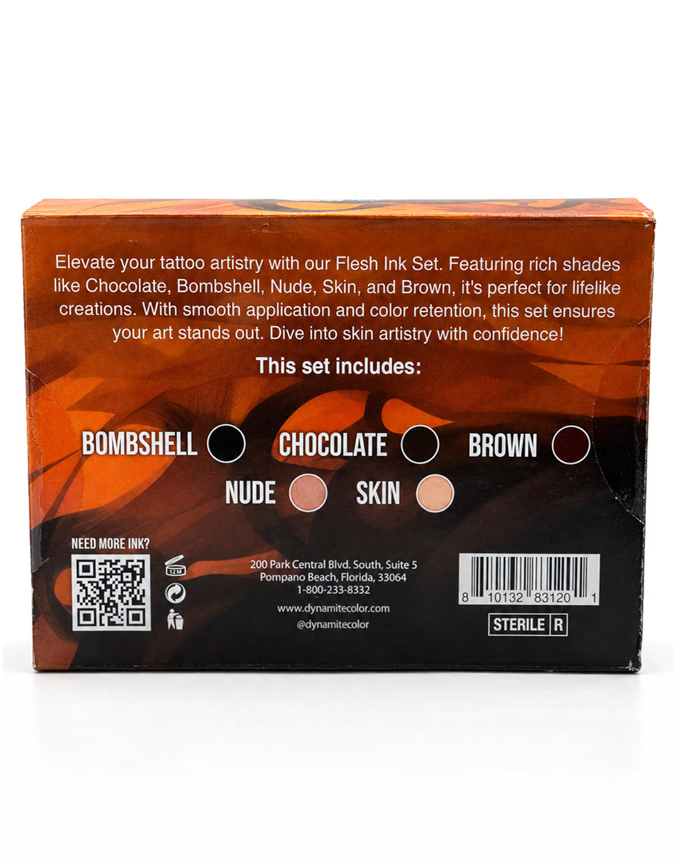 Back of a box of Dynamic Ink Flash Set tattoo inks, showing shade options Bombshell, Chocolate, Nude, Skin, and Brown with circles and labels on a black and orange background.