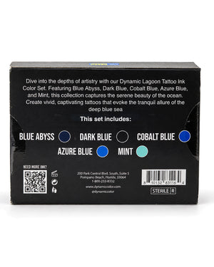 The back of a black box for the Dynamic Lagoon Tattoo Ink Color Set, showing product details, color names blue abyss, dark blue, cobalt blue, azure blue, mint and swatches, a QR code, and a barcode on a white background.