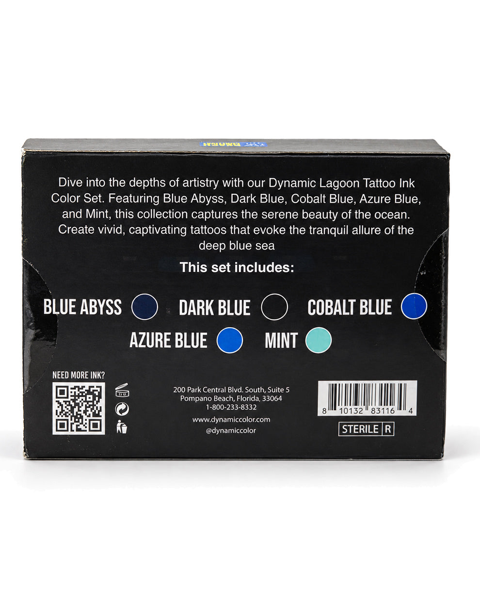The back of a black box for the Dynamic Lagoon Tattoo Ink Color Set, showing product details, color names blue abyss, dark blue, cobalt blue, azure blue, mint and swatches, a QR code, and a barcode on a white background.