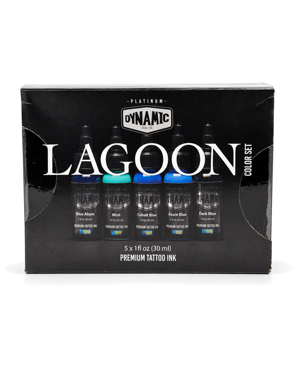 A 5-piece Dynamic Lagoon Premium Tattoo Ink color set in its original black retail box, featuring four small bottles of ink with blue, teal, and dark blue caps visible through a clear window.