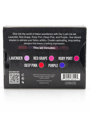 Back of the Lush Ink Set packaging box, showing product details, color swatches for Lavender, Red Grape, Ruby Port, Deep Pink, and Purple, a QR code, and a barcode on a white background.