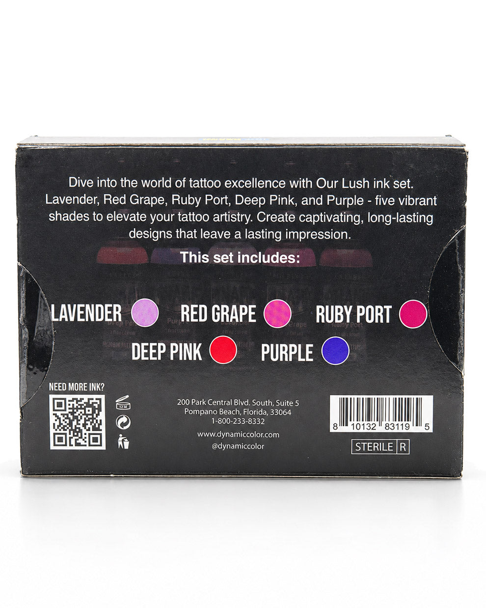 Back of the Lush Ink Set packaging box, showing product details, color swatches for Lavender, Red Grape, Ruby Port, Deep Pink, and Purple, a QR code, and a barcode on a white background.