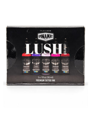 A 5-piece Lush Platinum Tattoo Ink Coloreset in its original black window box packaging, showing the five ink bottles through cutouts on the front.