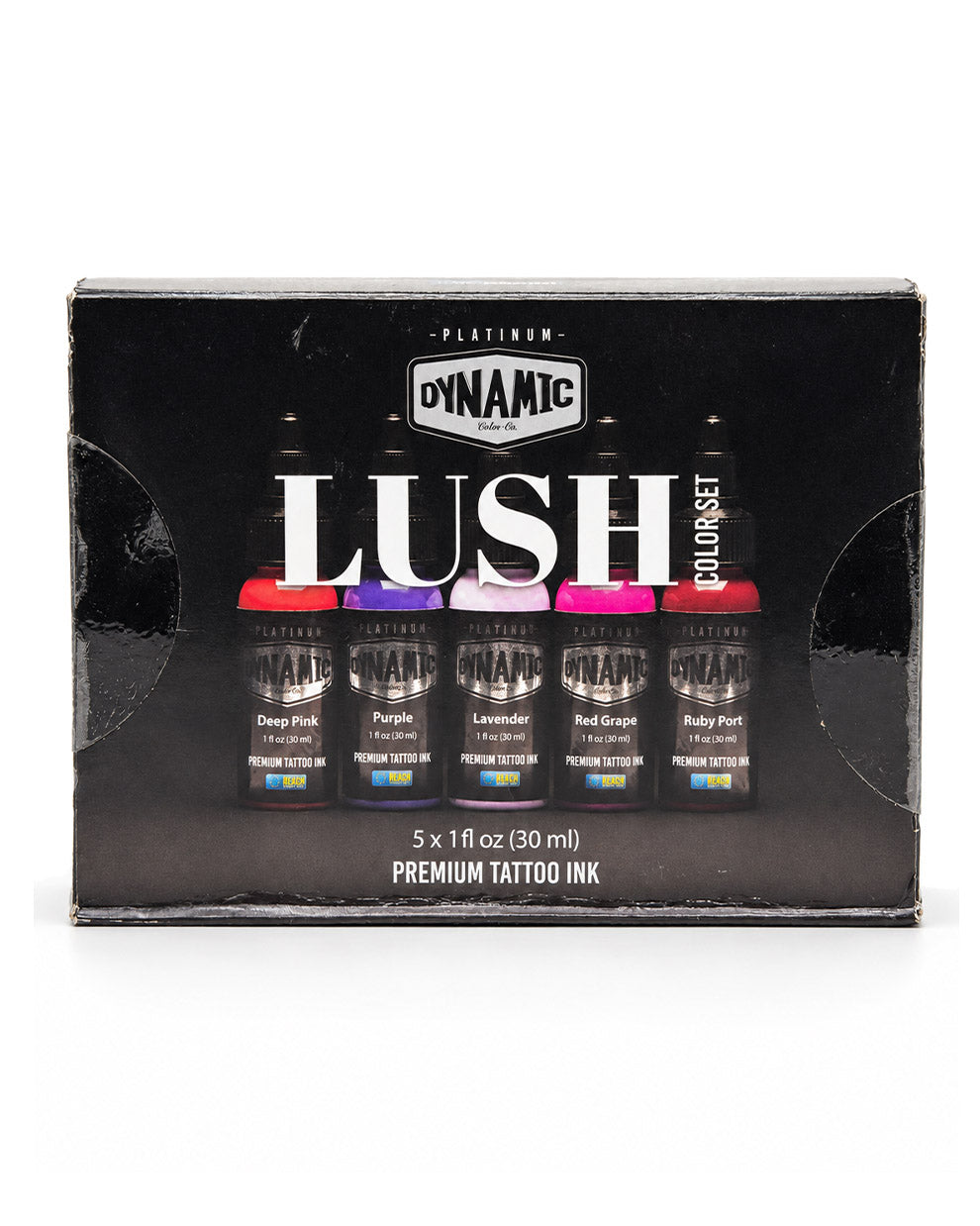 A 5-piece Lush Platinum Tattoo Ink Coloreset in its original black window box packaging, showing the five ink bottles through cutouts on the front.