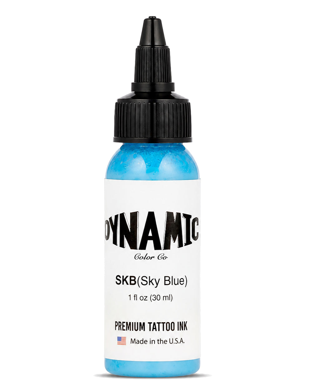 A 1 fl oz (30 ml) bottle of Dynamic Color Co. SKB (Sky Blue) ink, featuring a bright blue liquid inside a translucent bottle with a black cap and a white label.