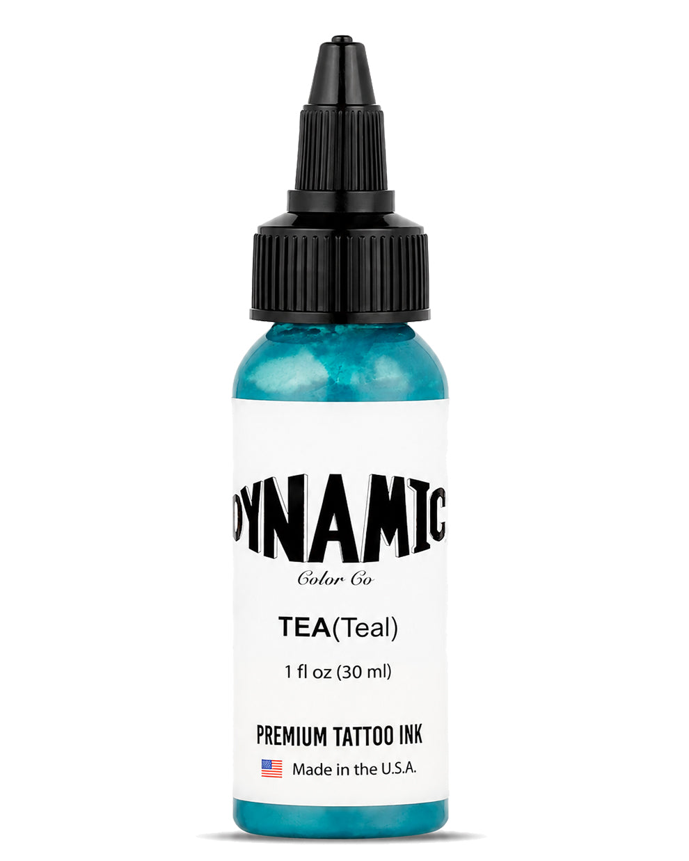 A bottle of Dynamic Color Co. TEA(Teal) premium tattoo ink, 1 fl oz (30 ml), featuring a translucent teal blue bottle, a white label with black text, and a black plastic dropper cap, set against a plain white background.