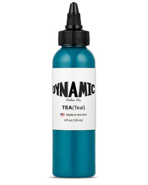 A 4 fl oz 120ml bottle of Dynamic Ink Tattoo Ink in the shade TEA(Teal). The bottle is filled with teal ink and features a white label with black text and a black cap.