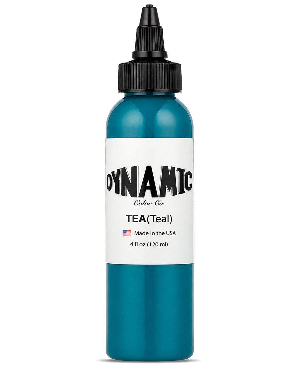 A 4 fl oz 120ml bottle of Dynamic Ink Tattoo Ink in the shade TEA(Teal). The bottle is filled with teal ink and features a white label with black text and a black cap.
