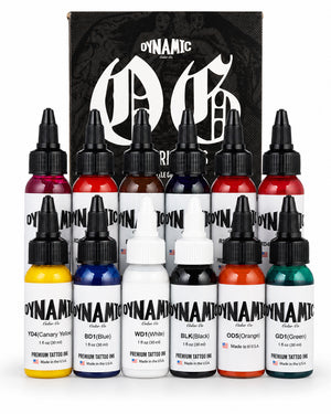 Dynamic The Originals Tattoo Ink Set twelve 1oz 30ml bottles including red, yellow, blue, green, violet, brown, magenta, black, white and orange shades