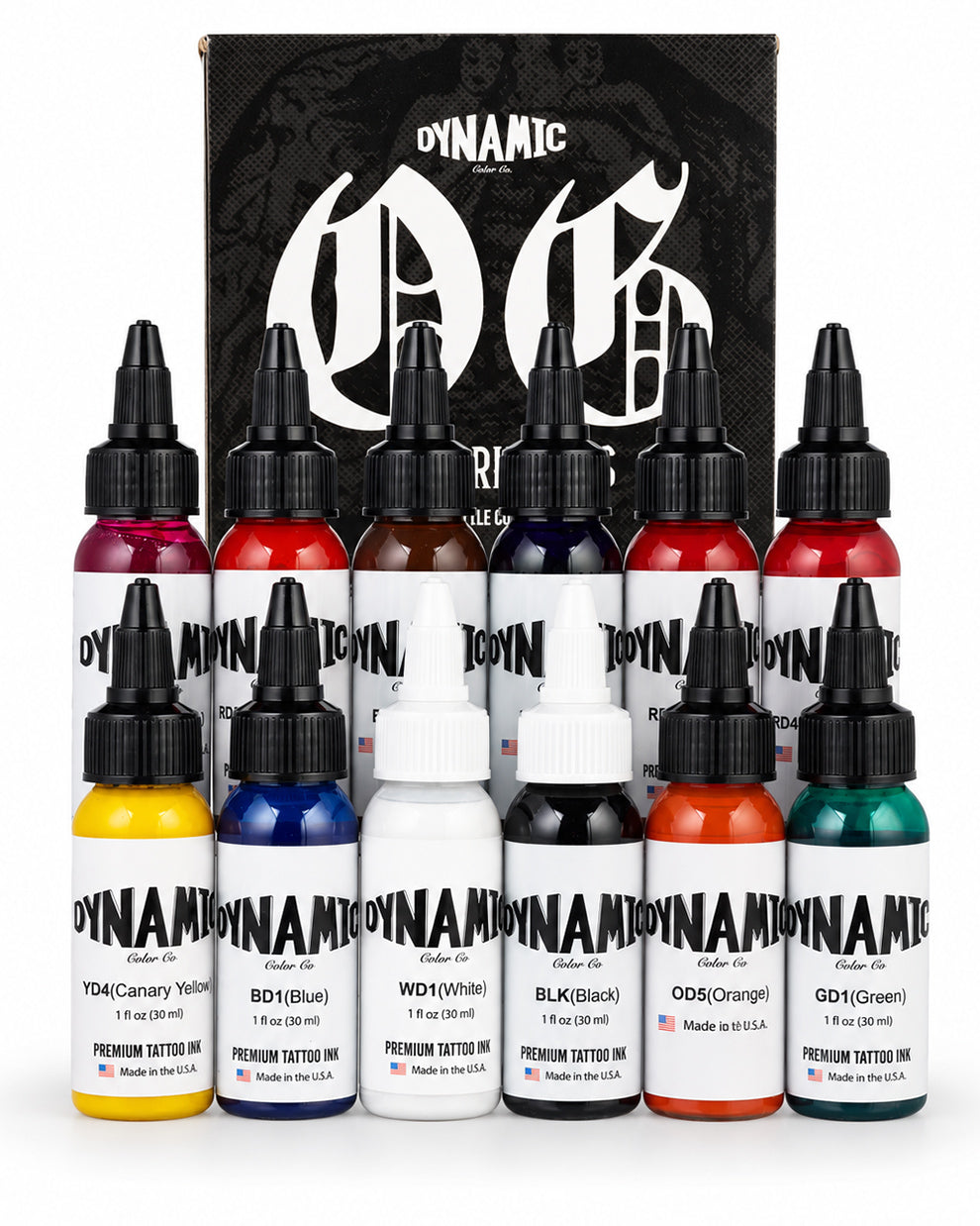 Dynamic The Originals Tattoo Ink Set twelve 1oz 30ml bottles including red, yellow, blue, green, violet, brown, magenta, black, white and orange shades