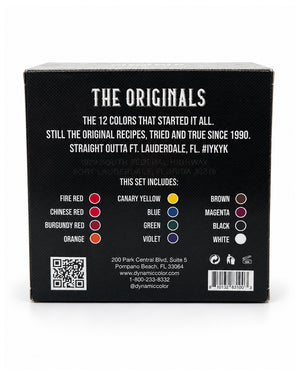 Dynamic The Originals Tattoo Ink Set 12x1oz 30ml retail box back showing the 12 included tattoo ink colors