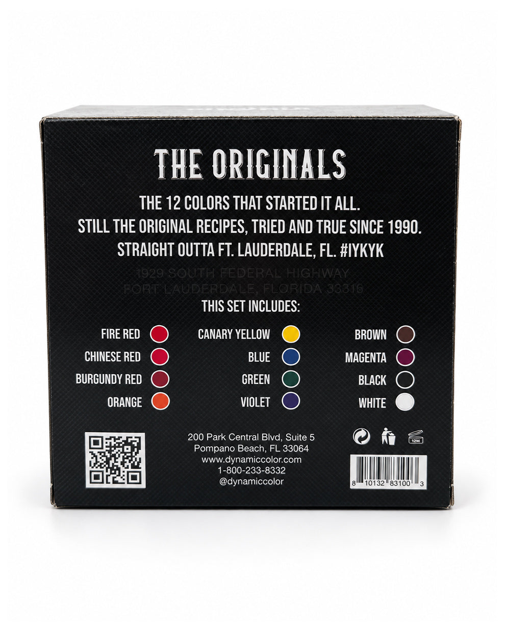 Dynamic The Originals Tattoo Ink Set 12x1oz 30ml retail box back showing the 12 included tattoo ink colors