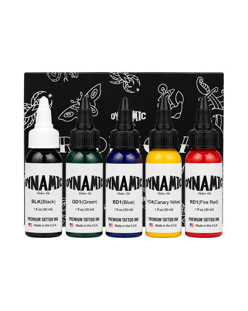 Dynamic Traditional Color Tattoo Ink Set 5 bottles 1oz 30ml each with bottles in front and box behind classic color tattoo ink set for bold traditional work COZ Tattoo Supplies