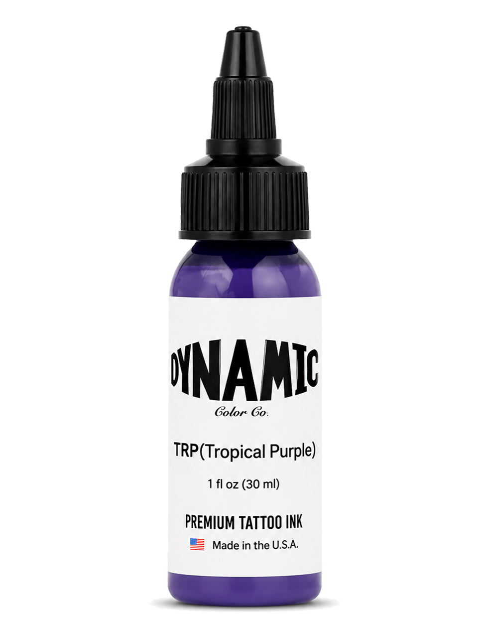 A bottle of Dynamic Color Co. TRP (Tropical Purple) premium tattoo ink, 1 fl oz (30 ml), featuring a purple bottle, black cap, and white label on a white background.