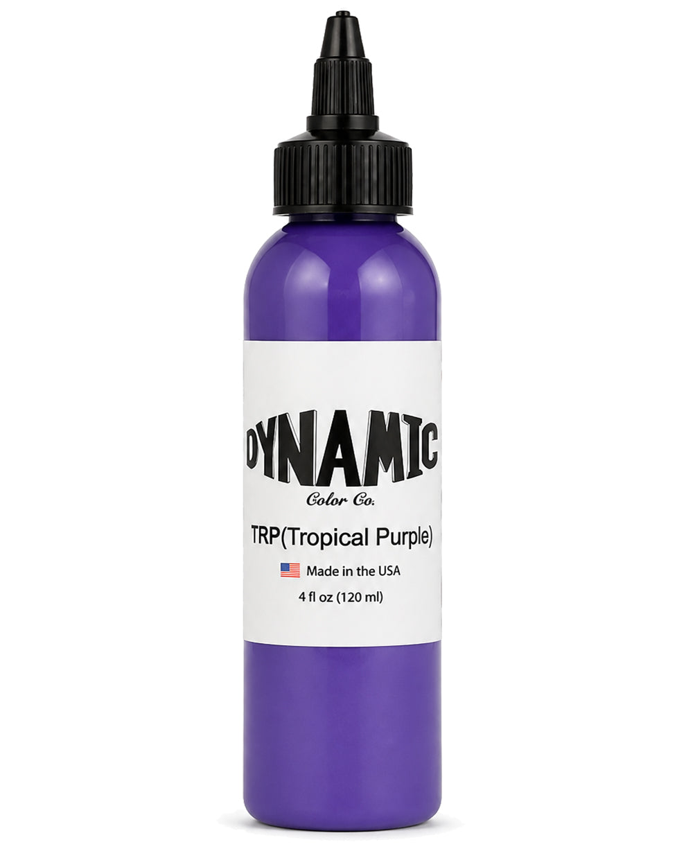 A 4 fl oz(120 ml) bottle of Dynamic Color Co. TRP (Tropical Purple) tattoo ink, featuring a translucent purple bottle, a white label, and a black cap, shown on a white background.