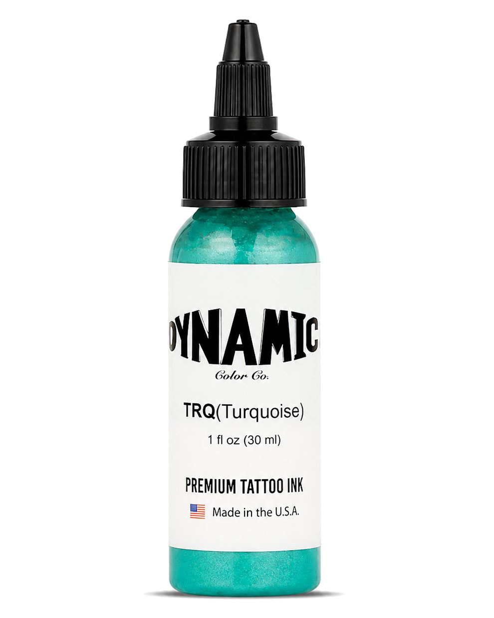 A bottle of Dynamic Color Co. TRQ (Turquoise) premium tattoo ink, 1 fl oz (30 ml), in a clear bottle showing the bright turquoise ink inside, with a white label and black cap, on a white background.