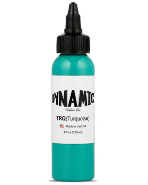 A bottle of Dynamic Color Co. TRQ (Turquoise) premium tattoo ink, 4 fl oz (120 ml), in a clear bottle showing the bright turquoise ink inside, with a white label and black cap, on a white background.