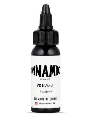 A bottle of Dynamic Color Co. VD1 (Violet) premium tattoo ink, 1 fl oz (30 ml), in a clear bottle with a white label and black dropper cap, on a white background.