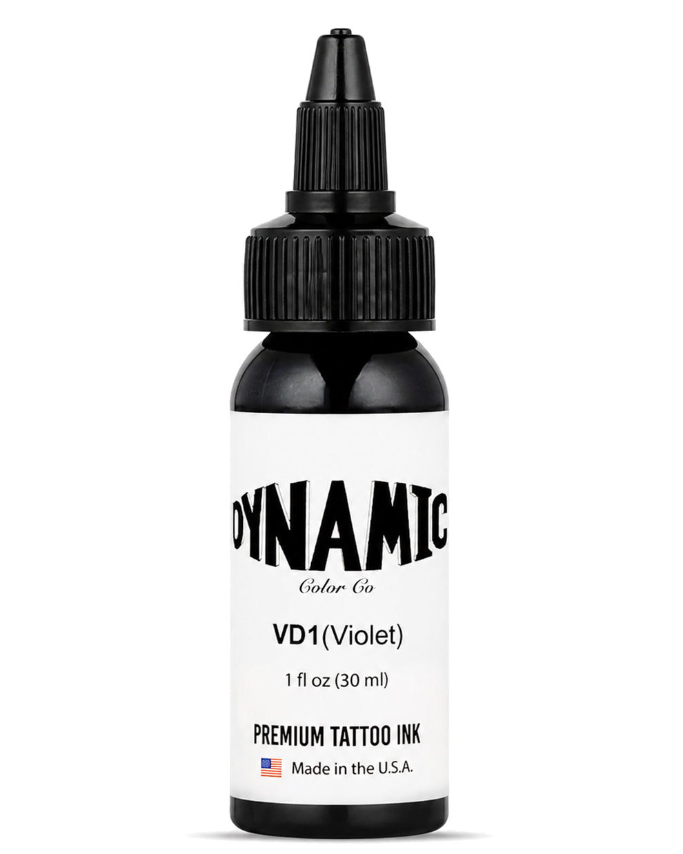 A bottle of Dynamic Color Co. VD1 (Violet) premium tattoo ink, 1 fl oz (30 ml), in a clear bottle with a white label and black dropper cap, on a white background.