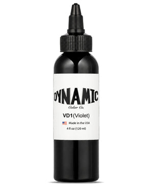 A 4 fl oz(120 ml) clear bottle of Dynamic Color Co VD1 (Violet), featuring a white label with black text and a black pointed applicator cap, set against a plain white background.