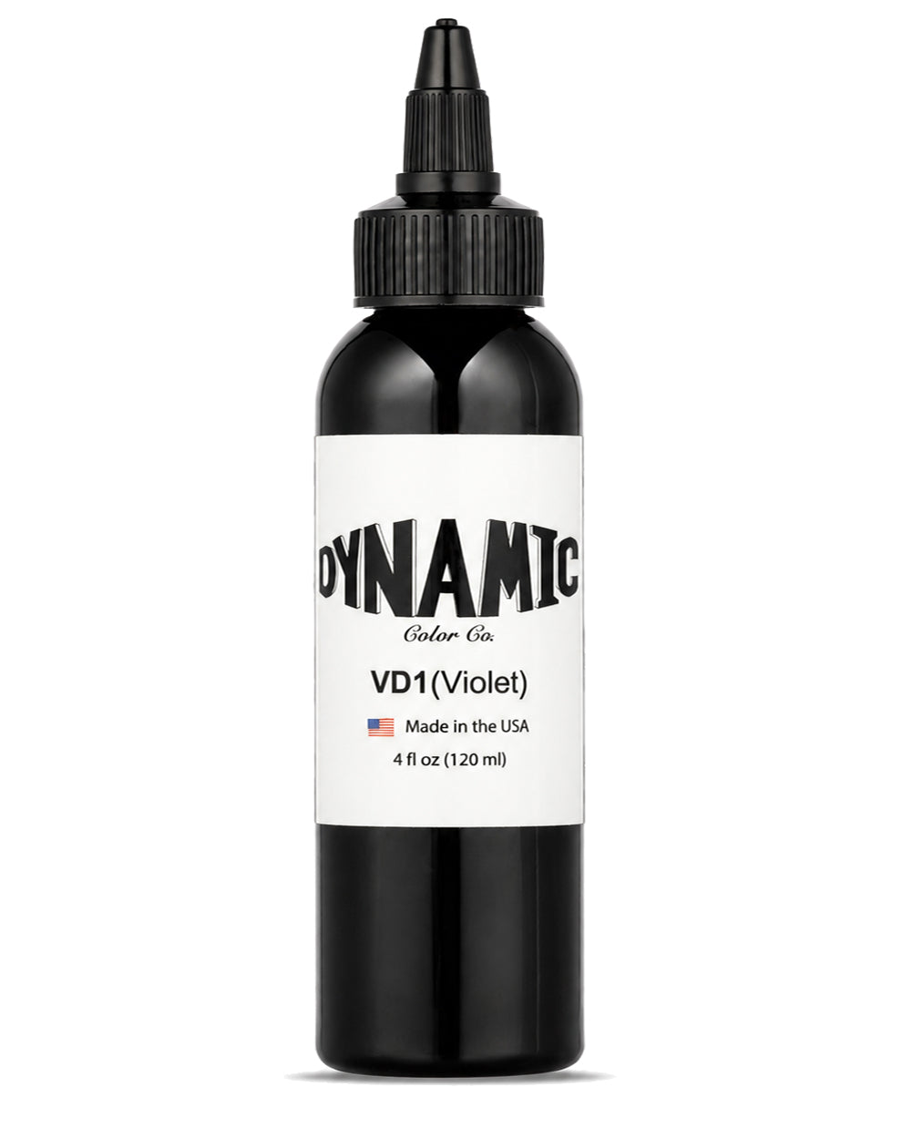 A 4 fl oz(120 ml) clear bottle of Dynamic Color Co VD1 (Violet), featuring a white label with black text and a black pointed applicator cap, set against a plain white background.