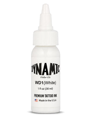 A 1 fl oz (30 ml) bottle of Dynamic Color Co. WD1 (White) Premium Tattoo Ink, shown on a clean white background with a clear bottle and a white cap. 