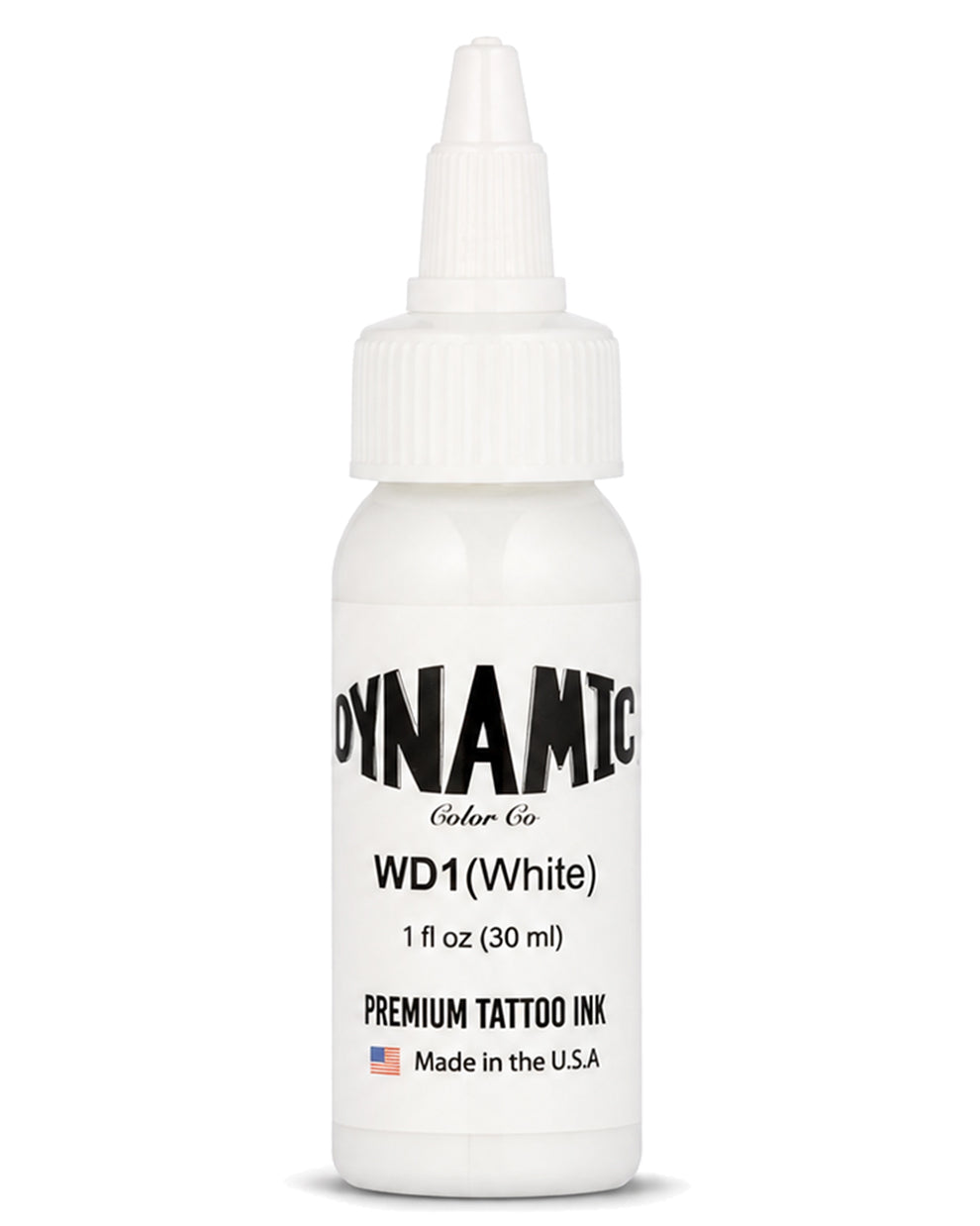 A 1 fl oz (30 ml) bottle of Dynamic Color Co. WD1 (White) Premium Tattoo Ink, shown on a clean white background with a clear bottle and a white cap. 