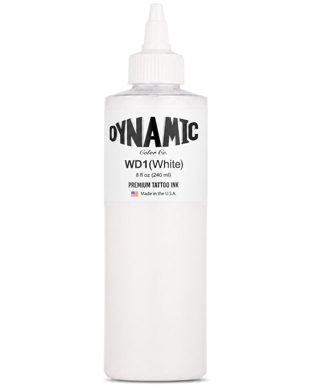 A 8 fl oz (240 ml) bottle of Dynamic Color Co. WD1 (White) Premium Tattoo Ink, shown on a clean white background with a clear bottle and a white cap. 