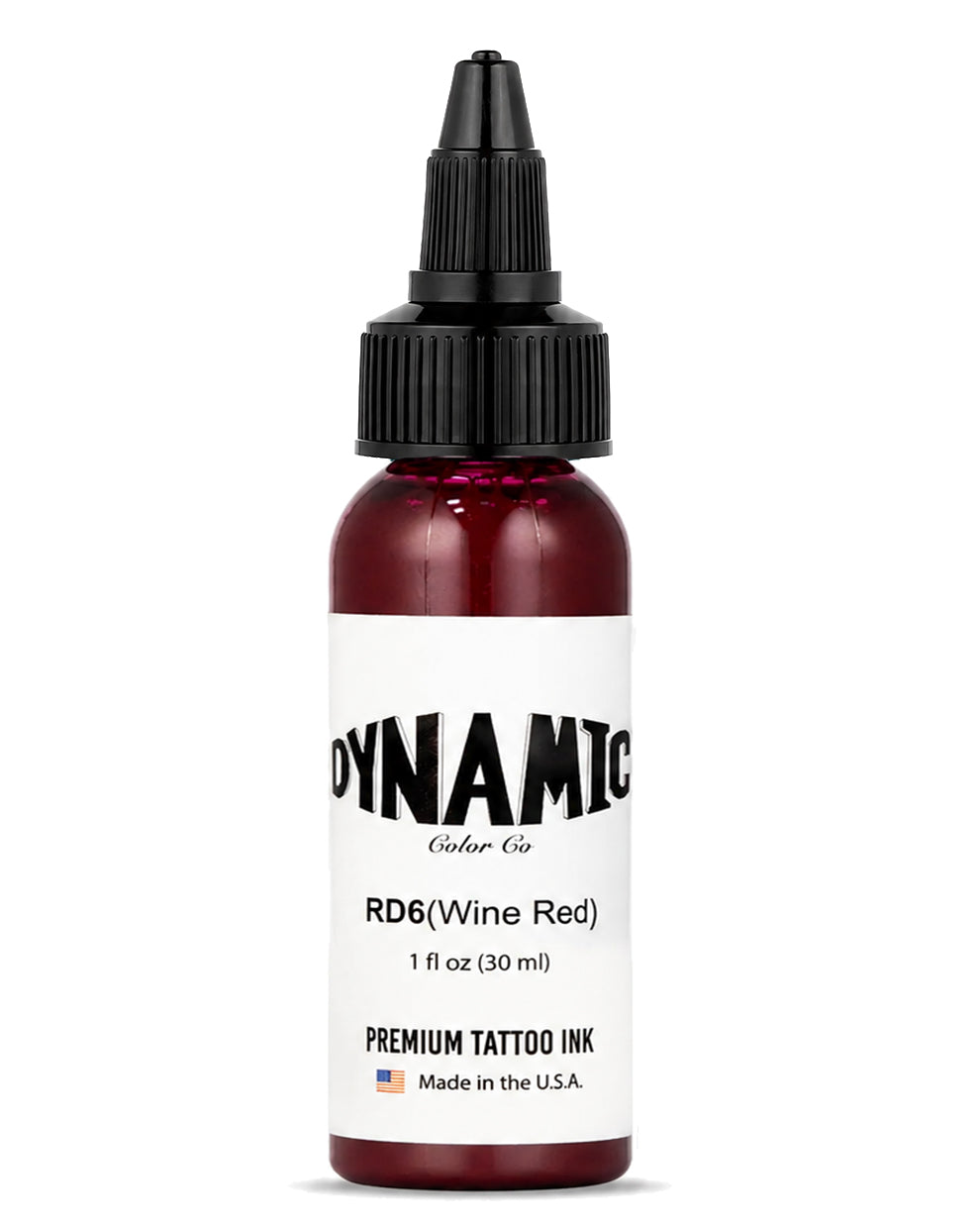 A 1 fl oz (30 ml) bottle of Dynamic Color Co. RD6 (Wine Red) premium tattoo ink, featuring a white label and a black dropper cap, set against a plain white background.