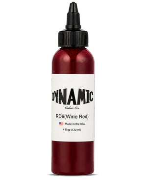 A 4 fl oz (120 ml) bottle of Dynamic Color Co. RD6 (Wine Red) ink, featuring a white label and a black cap, set against a plain white background.