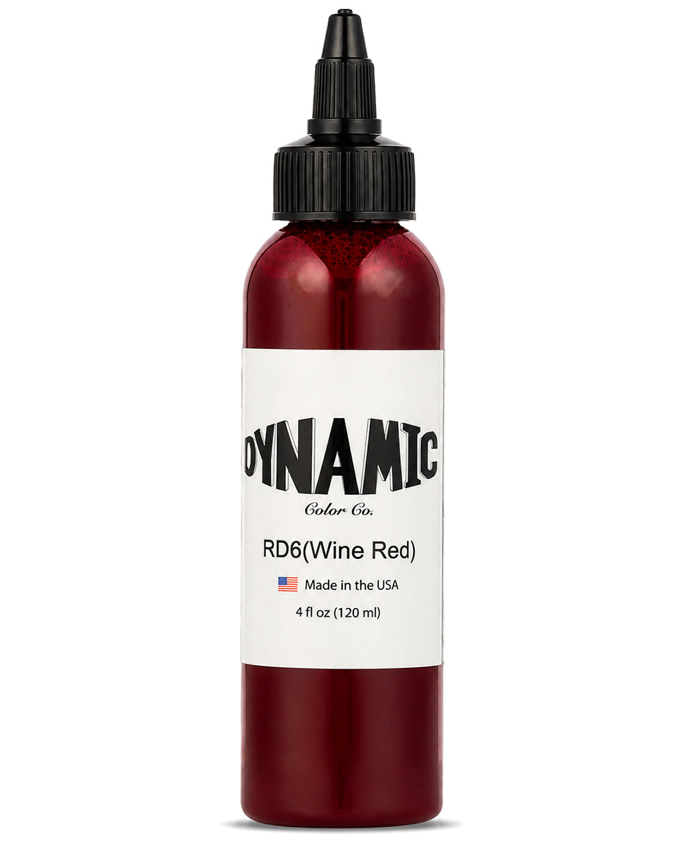 A 4 fl oz (120 ml) bottle of Dynamic Color Co. RD6 (Wine Red) ink, featuring a white label and a black cap, set against a plain white background.