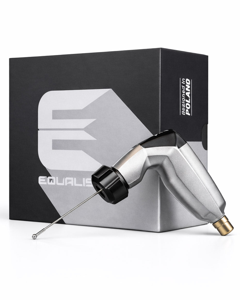 Equaliser rotary tattoo machine in silver finish, professional studio product photo on white background – Coz Tattoo Supplies
