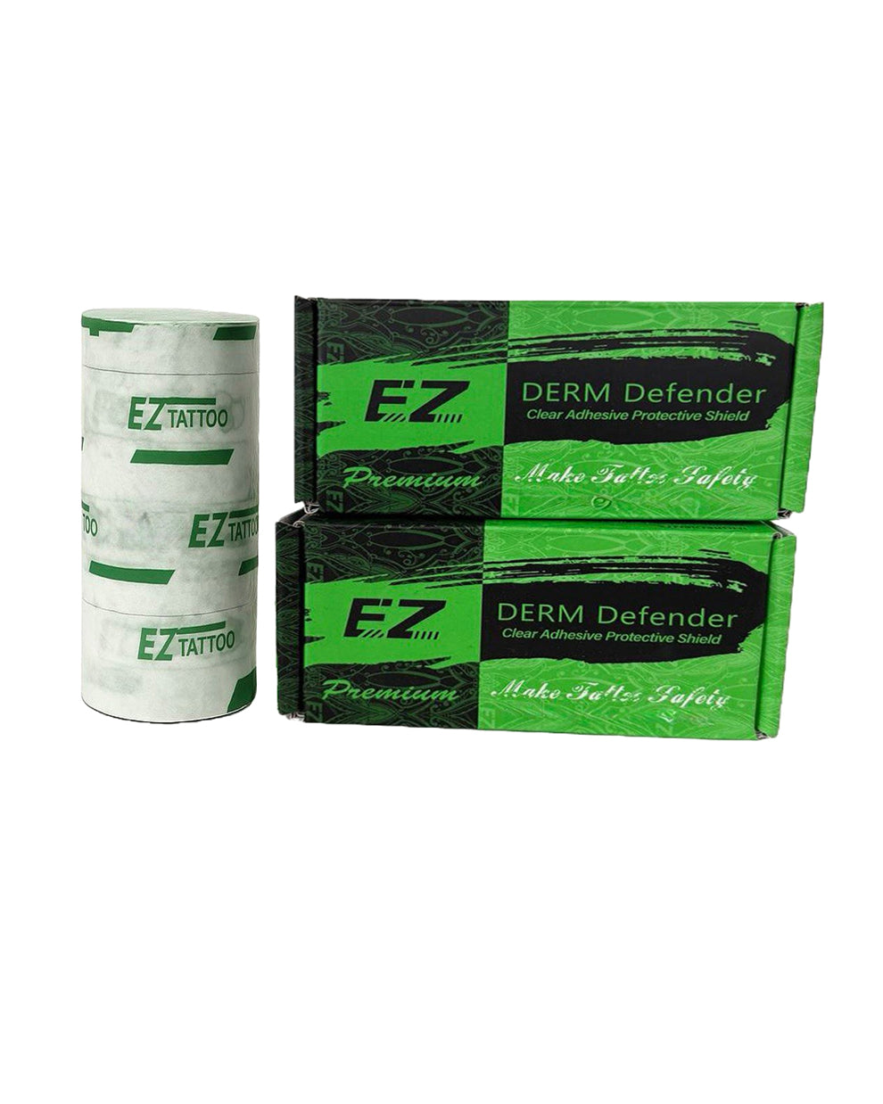 EZ Derm Defender Tattoo Film roll with two product boxes — premium adhesive protective wrap for tattoo healing.