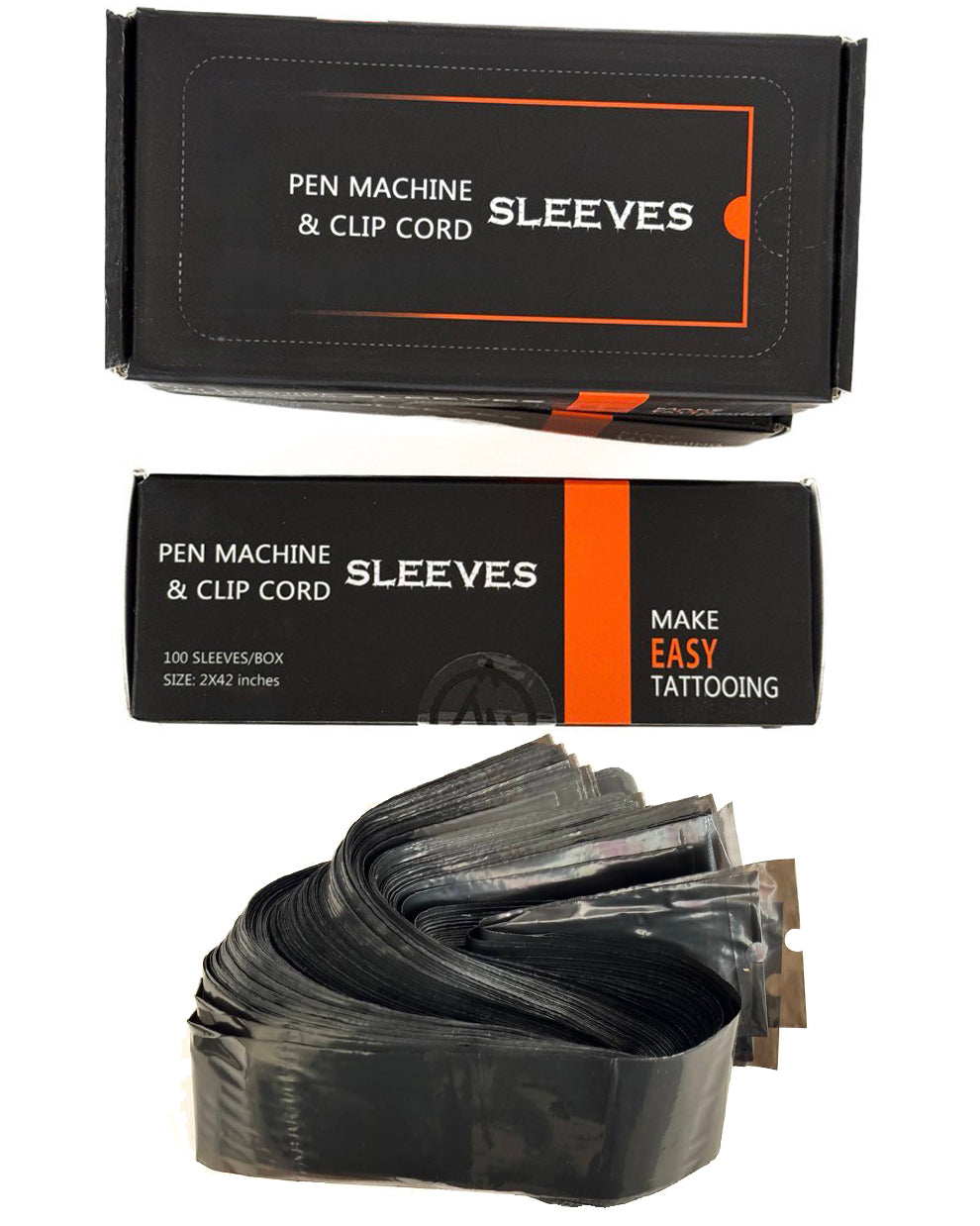 EZ Pen Machine & Clip Cord Sleeves box with 100 pieces – black disposable tattoo sleeves.