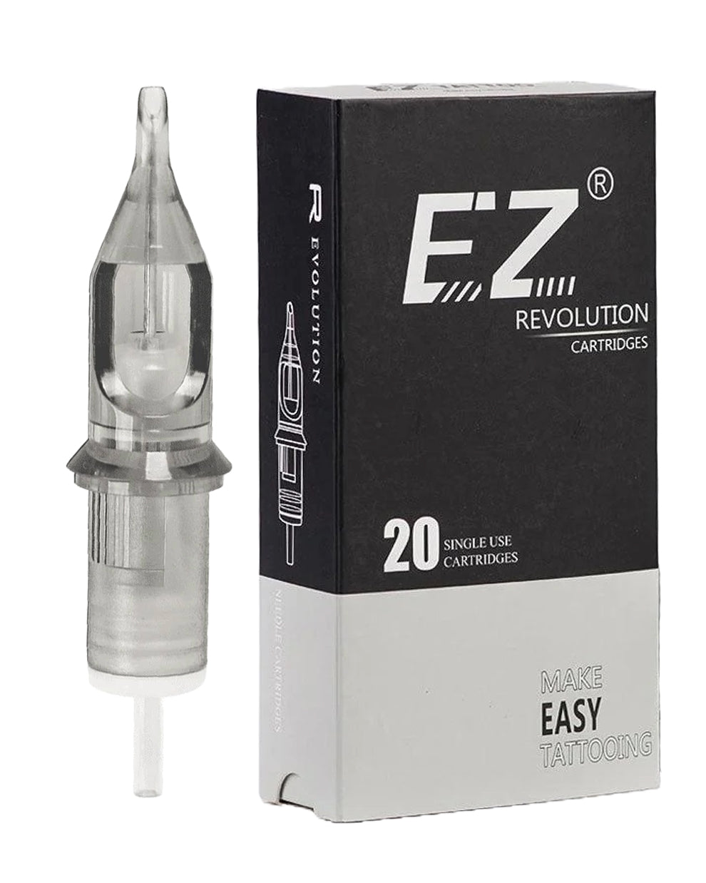 EZ Revolution Round Liner Tattoo Cartridges 20pcs box with clear cartridge tip.