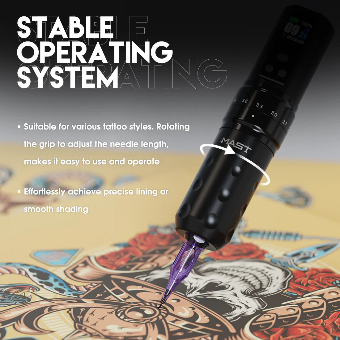Fold2 Pro wireless tattoo pen in action during precise linework on skin.