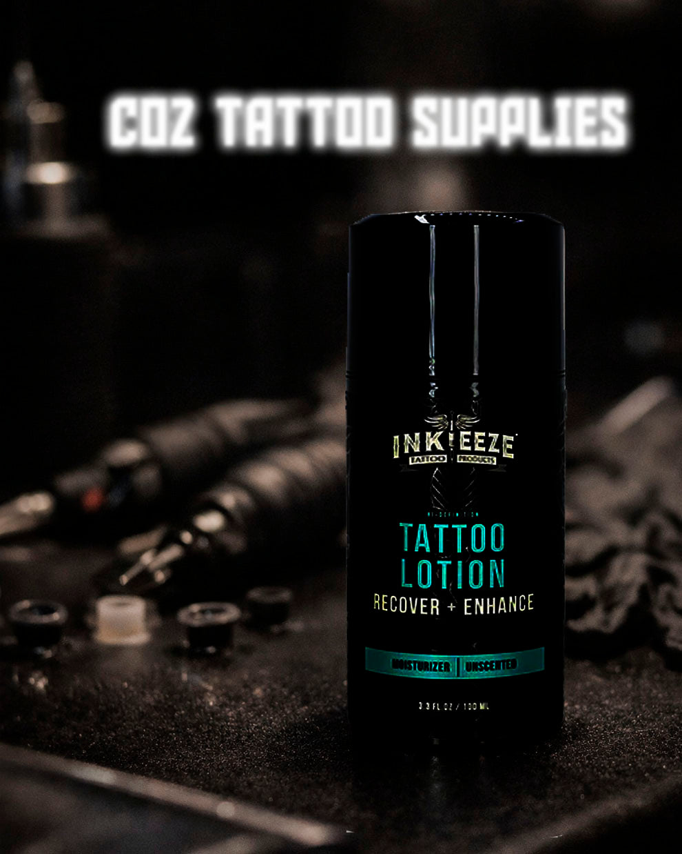 INKEEZE Hi-Definition Tattoo Lotion premium tattoo aftercare bottle photographed in tattoo studio setting by Coz Tattoo Supplies