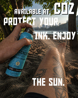 INKEEZE Hi-Definition Tattoo Sunscreen Spray SPF 50 6oz 177ml used outdoors at the beach for tattoo sun protection available at COZ Tattoo Supplies
